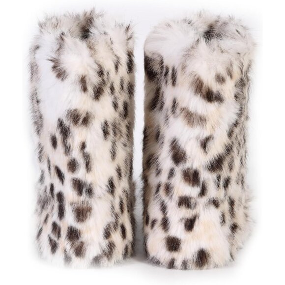 Womens Winter Snow Boots Knee High Faux Fur Lined Flat White & Brown Warm Shoe - Picture 4 of 6